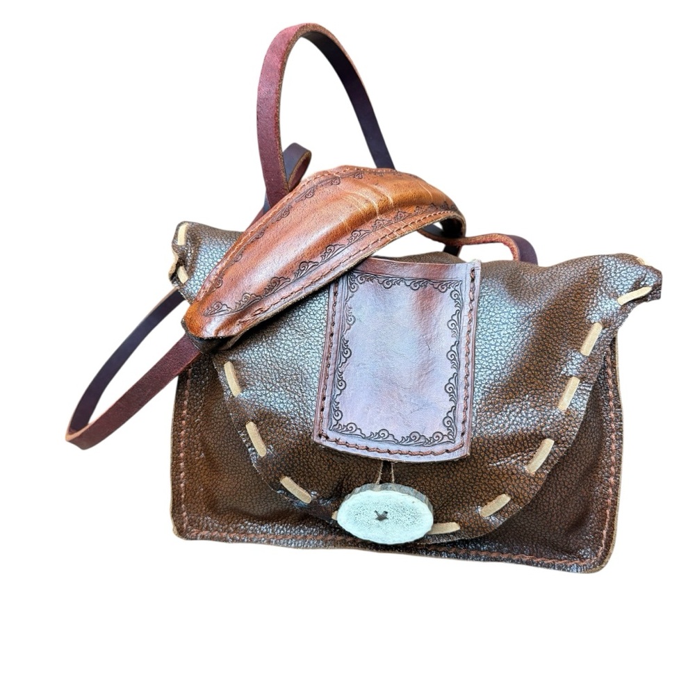 Vtg Crossbody Mini Genuine Leather Hand Tooled Embossed & Painted - Picture 1 of 10